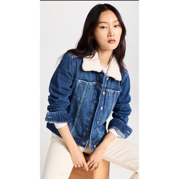 PAIGE Rowan Faux Shearling Trim Denim Jacket JAMEE DISTRESSED Size X-Large - Picture 1 of 5